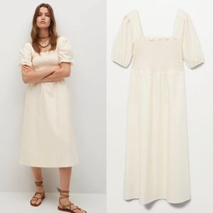 MANGO Beige Smocked Short Puff Sleeve Square Neck Midi Dress SZ S(4)